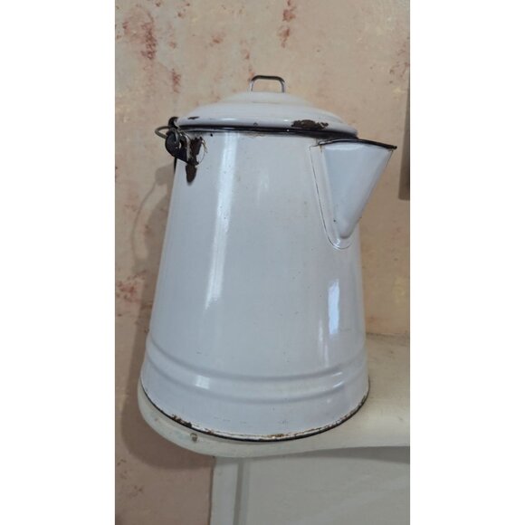 Vintage Large White & Black Enamelware Porcelain Cowboy Kettle Coffee Pot Farmho - Picture 7 of 11